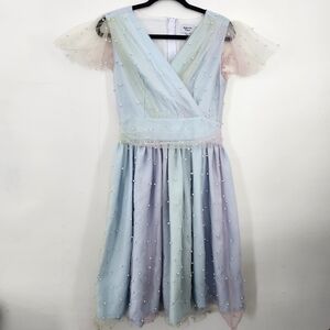Magnolia Pastel Blue and Pink Party Dress with Pearl Details